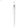 A white plastic pen with a clear clip and silver accents. It features a logo at the top.