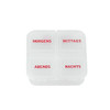 A white pill box divided into four sections, labelled for different times of day in red. It features a branding logo.