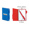 A blue and red memo holder containing 80 sheets and a ball pen, featuring a branding logo.