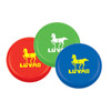 Three lightweight frisbees in red, green, and blue, each featuring a logo of a horse.