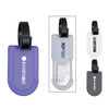 A set of luggage tags in purple, grey, and black, each featuring a strap and a logo.