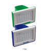 A pen holder with a built-in calendar, featuring green and blue designs, displaying a one-year calendar.