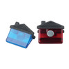 Two house-shaped clips with magnets, one blue and one red, featuring black roof designs. Both have a branding logo.