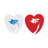 A heart-shaped letter opener set featuring a white and red design with a shark logo on each.