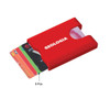 A red RFID car holder with space for multiple cards, featuring a logo on the front.