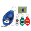 A drink bottle opener keyring in blue, featuring a magnet and a pen holder, displayed alongside green and red variants with logos.