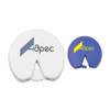 Two bag clips in white and blue, featuring logos, designed for sealing bags.