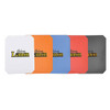 A set of five ice scrapers in white, orange, blue, red, and black, featuring a logo on each scraper.