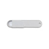 A white measuring scoop with a rounded end and a flat handle, featuring measurement markings and a logo.