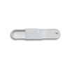 A white measuring scoop with a flat design and rounded ends, featuring a small hole for hanging.