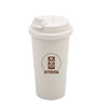 A white Coffee Cup with a lid, featuring a logo in brown. Ideal for hot beverages.