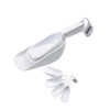 A set of white measuring scoops in various sizes, featuring a looped handle for easy storage and a logo.