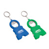 A drink bottle opener in blue and green, featuring a light and tape measure, with a keyring attachment.