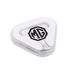 Earbuds in a white triangular case, featuring a black logo, designed for easy storage and portability.
