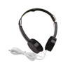 A pair of black foldable headphones with a white audio cable, featuring a minimalist design and a logo.