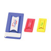 A set of three brightly coloured card holders in blue, red, and yellow, featuring a logo on the front.