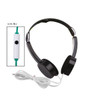 Foldable black headphones with a microphone, featuring a white control panel and a white audio cable.