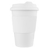 A drink bottle in white, featuring a ribbed sleeve and a lid, with a logo on it. Suitable for reusable coffee.