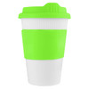A reusable coffee cup in bright green and white, featuring a textured grip and a lid, with branding.