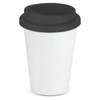A reusable coffee cup in white with a black lid, featuring a logo. Suitable for hot beverages.