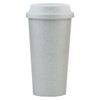 A reusable coffee cup in mint green with a lid, featuring a speckled design and a branding logo.
