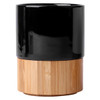 A black ceramic mug with a bamboo base, perfect for tea or coffee, featuring a smooth finish and simple design.