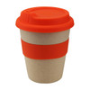 A reusable coffee cup in natural and bright orange, featuring a silicone lid and band, with a branding logo.