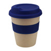 A reusable coffee cup featuring a beige body with a navy blue silicone lid and sleeve. It has a logo.