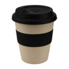 A reusable coffee cup in beige with a black silicone band and lid, featuring a logo.