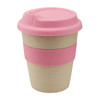 A reusable coffee cup in a natural beige colour with a pink silicone lid and band. It features a logo.