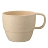 A reusable coffee cup in a light beige shade with a handle and a textured finish, featuring a brand logo.