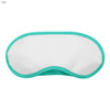 A teal and white eye mask with a soft, curved design, featuring an enclosed branding logo.