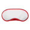 A sleep eye mask with a white centre and red piping, featuring a logo on the surface.