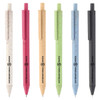 A range of eco-friendly plastic pens in pink, cream, green, beige, blue, and black, featuring a logo on each pen.