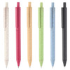 Eco-friendly plastic pens in white, pink, beige, green, blue, and black; each features a clip and a branded logo.
