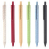 A set of six eco-friendly pens in white, red, beige, green, blue, and black, featuring various colours and a logo.