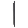 A black plastic pen with a clip and a fine tip, featuring a logo on its body.