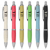 A collection of six eco-friendly pens in white, red, green, blue, and black, featuring a logo on each pen.