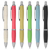A collection of six eco-friendly plastic pens in white, red, yellow, green, blue, and black, with metallic accents and logos.