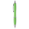 A green eco pen with a silver clip and accents, featuring a smooth writing tip. The pen has a subtle texture.