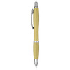 A yellow eco-friendly plastic pen with silver accents and a clip. The pen features a simple design and a logo.