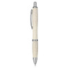 A promotional pen featuring a cream-coloured body with silver accents and a clip, displaying a brand logo.