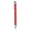 A red eco pen with a metallic clip and accents, featuring a textured grip and a branding logo.