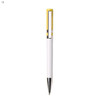 A plastic pen in white and yellow with a silver clip and trim, featuring a logo on the body.