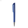 A blue plastic pen with a sleek design and a silver tip, featuring a logo on the side.