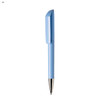 A blue plastic pen with a unique geometric design and a silver tip. The pen has a logo on its body.