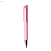 A pink plastic pen with a sleek design and a silver nib, featuring a logo on the body.