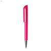 A bright pink plastic pen with a sleek design and a silver tip, featuring a logo.