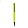 A bright lime green plastic pen with a sleek design and chrome tip, featuring a cap.