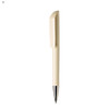 A plastic pen in a cream colour with a sleek, angular design and a silver tip, featuring a logo.